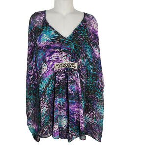 Jennifer Lopez Top 1X Purple Teal Embellished Animal Abstract Batwing V Neck